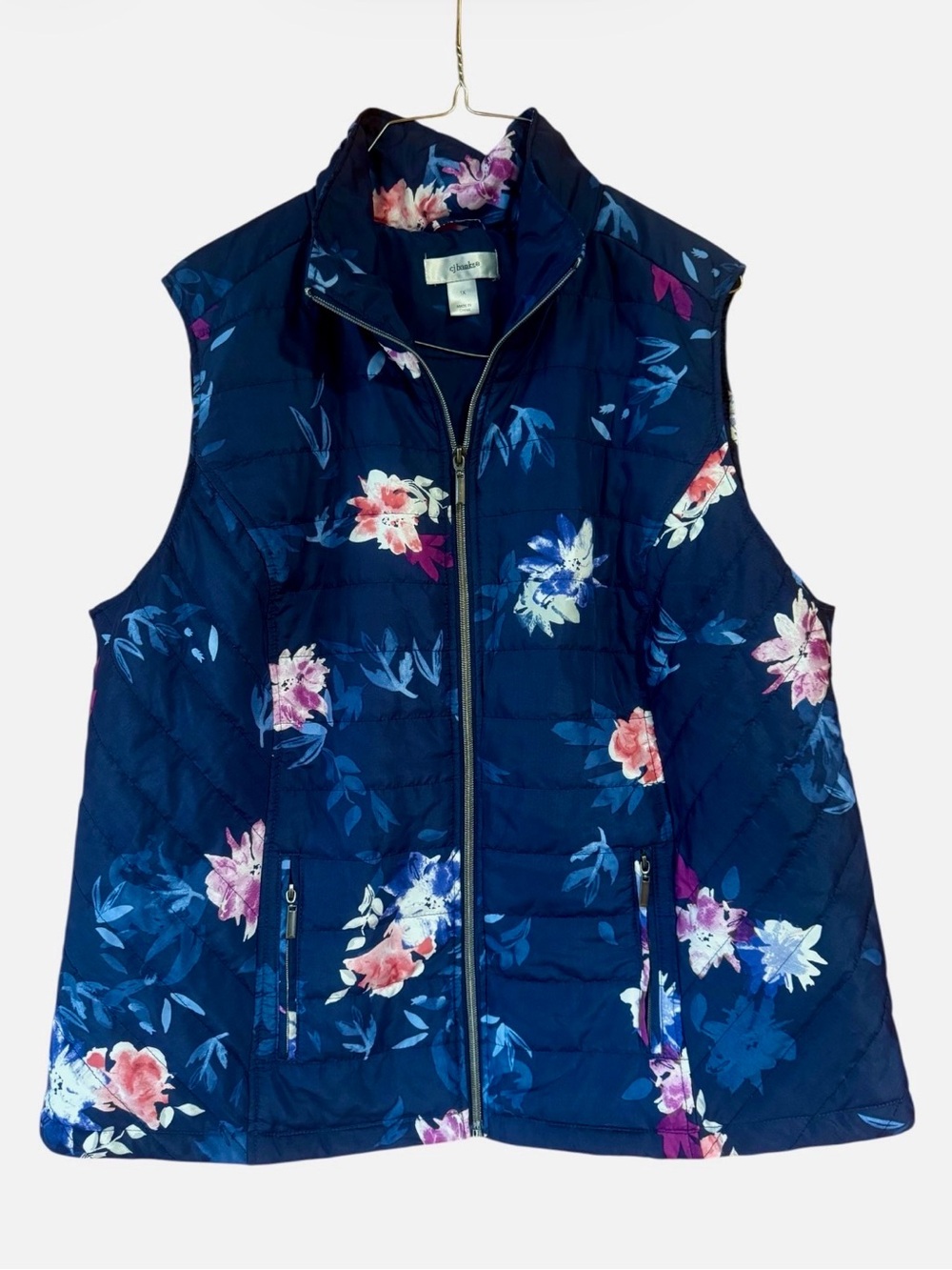 CJ Banks Women's Navy Floral Quilted Vest